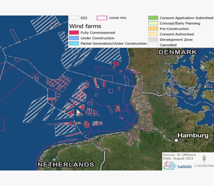 Map of Northern Germany with wind park areas in the North and Baltic Sea